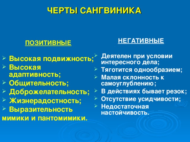  ЧЕРТЫ САНГВИНИКА НЕГАТИВНЫЕ  Деятелен при условии интересного дела; Тяготится однообразием; Малая склонность к самоуглублению; В действиях бывает резок; Отсутствие усидчивости; Недостаточная настойчивость. ПОЗИТИВНЫЕ  Высокая подвижность; Высокая адаптивность; Общительность; Доброжелательность; Жизнерадостность; Выразительность мимики и пантомимики. 