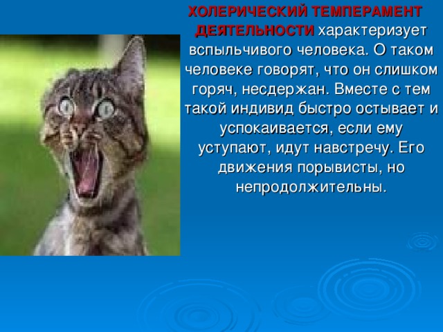 ХОЛЕРИЧЕСКИЙ ТЕМПЕРАМЕНТ ДЕЯТЕЛЬНОСТИ характеризует вспыльчивого человека. О таком человеке говорят, что он слишком горяч, несдержан. Вместе с тем такой индивид быстро остывает и успокаивается, если ему уступают, идут навстречу. Его движения порывисты, но непродолжительны. 