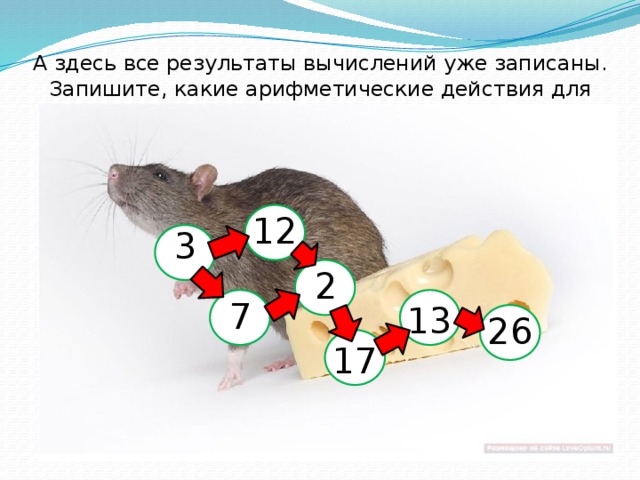 А здесь все результаты вычислений уже записаны. Запишите, какие арифметические действия для них потребовались. 12 3 2 7 13 26 17 