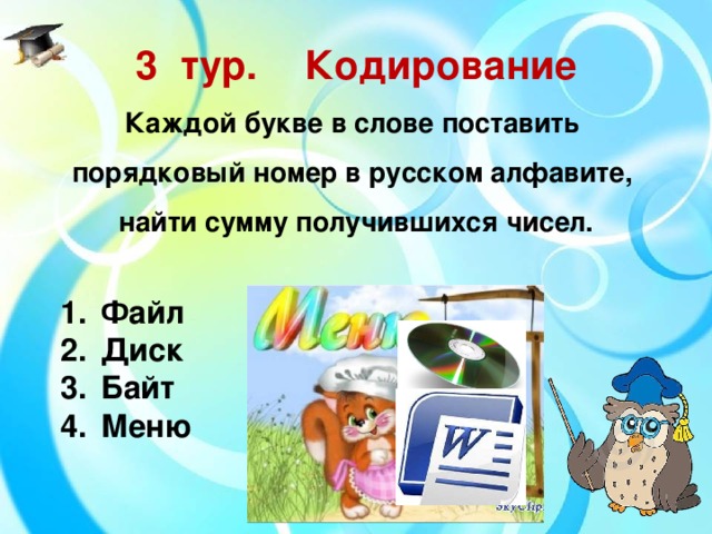 3  тур.  Кодирование Каждой букве в слове поставить порядковый номер в русском алфавите, найти сумму получившихся чисел.