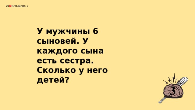 У мужчины 6 сыновей. У каждого сына есть сестра. Сколько у него детей? 3 