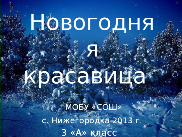 Новогодняя красавица  МОБУ «СОШ» с. Нижегородка 2013 г. 3 «А» класс Тимерхановой Алины 