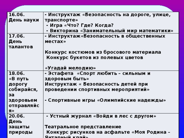 16.06. 17.06. - Инструктаж «Безопасность на дороге, улице, транспорте» День науки - Инструктаж«Безопасность в общественных местах» 18.06. День талантов  - Игра «Что? Где? Когда?     - Викторина «Занимательный мир математики» - Эстафета «Спорт любить – сильным и здоровым быть» «В путь дорогу собирайся, за здоровьем отправляйся» 20.06. Инструктаж « Безопасность детей при проведении спортивных мероприятий» Конкурс костюмов из бросового материала День защиты природы   - Устный журнал «Войди в лес с другом»   Конкурс букетов из полевых цветов       - Спортивные игры «Олимпийские надежды» Театральное представление  «Угадай мелодию»   Конкурс рисунков на асфальте «Моя Родина – Янтарный край»  