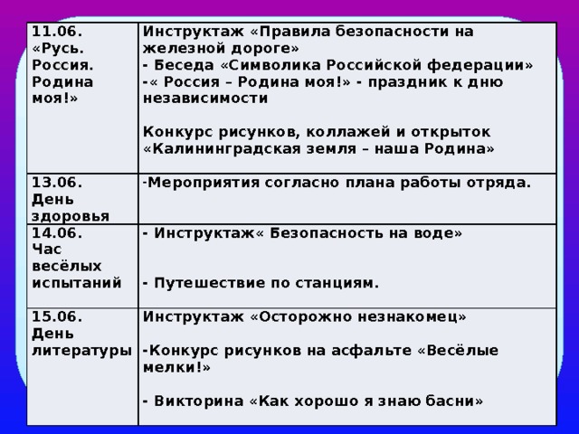 11.06. Инструктаж «Правила безопасности на железной дороге» «Русь. Россия. Родина моя!» 13.06. Мероприятия согласно плана работы отряда. - Беседа «Символика Российской федерации» 14.06. День здоровья 15.06. Час весёлых испытаний - Инструктаж« Безопасность на воде» -« Россия – Родина моя!» - праздник к дню независимости   День литературы Инструктаж «Осторожно незнакомец»     Конкурс рисунков, коллажей и открыток «Калининградская земля – наша Родина»    - Путешествие по станциям. -Конкурс рисунков на асфальте «Весёлые мелки!»    - Викторина «Как хорошо я знаю басни»  