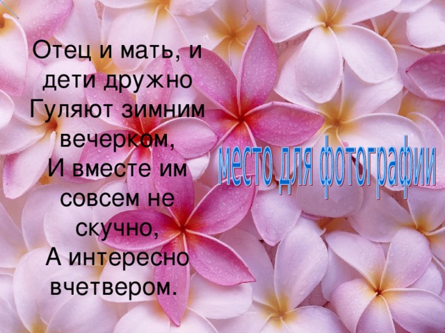 Отец и мать, и дети дружно  Гуляют зимним вечерком,  И вместе им совсем не скучно,  А интересно вчетвером. 
