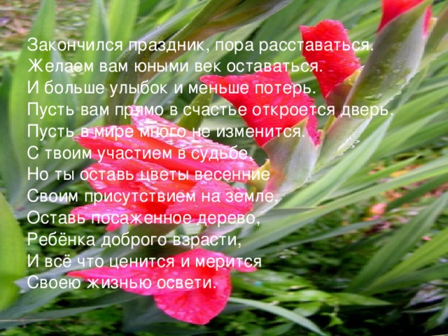 Закончился праздник, пора расставаться. Желаем вам юными век оставаться. И больше улыбок и меньше потерь. Пусть вам прямо в счастье откроется дверь. Пусть в мире много не изменится. С твоим участием в судьбе, Но ты оставь цветы весенние Своим присутствием на земле, Оставь посаженное дерево, Ребёнка доброго взрасти, И всё что ценится и мерится Своею жизнью освети. 