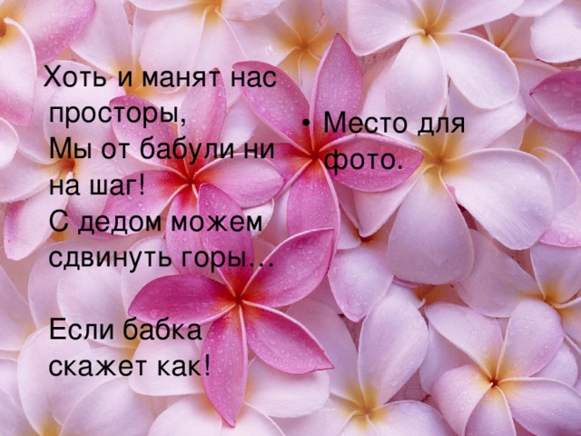  Хоть и манят нас просторы,  Мы от бабули ни на шаг!  С дедом можем сдвинуть горы…  Если бабка скажет как! Место для фото. 