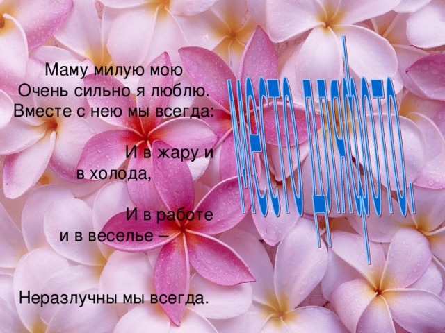    Маму милую мою  Очень сильно я люблю.  Вместе с нею мы всегда:   И в жару и в холода,   И в работе и в веселье –   Неразлучны мы всегда.   