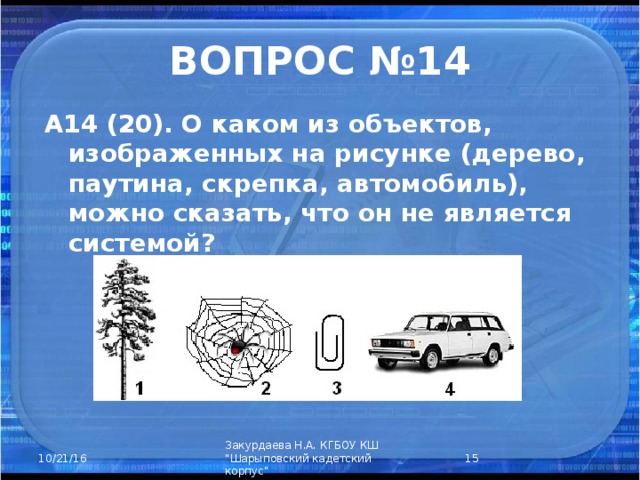 ВОПРОС №14 А14 (20). О каком из объектов, изображенных на рисунке (дерево, паутина, скрепка, автомобиль), можно сказать, что он не является системой?  Закурдаева Н.А. КГБОУ КШ 