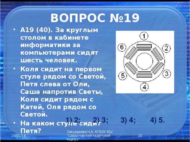 ВОПРОС №19 А19 (40). За круглым столом в кабинете информатики за компьютерами сидят шесть человек. Коля сидит на первом стуле рядом со Светой, Петя слева от Оли, Саша напротив Светы, Коля сидит рядом с Катей, Оля рядом со Светой. На каком стуле сидит Петя? 1) 2; 2) 3; 3) 4; 4) 5.  Закурдаева Н.А. КГБОУ КШ 