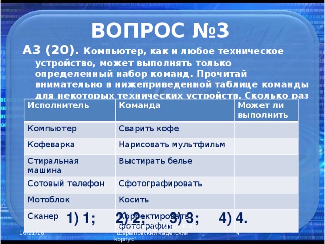 ВОПРОС №3 А3 (20). Компьютер, как и любое техническое устройство, может выполнять только определенный набор команд. Прочитай внимательно в нижеприведенной таблице команды для некоторых технических устройств. Сколько раз ты ответил «нет»? Исполнитель Команда Компьютер Кофеварка Может ли выполнить Сварить кофе Нарисовать мультфильм Стиральная машина Выстирать белье Сотовый телефон Сфотографировать Мотоблок Косить Сканер Корректировать фотографии 1) 1; 2) 2; 3) 3; 4) 4.  Закурдаева Н.А. КГБОУ КШ 