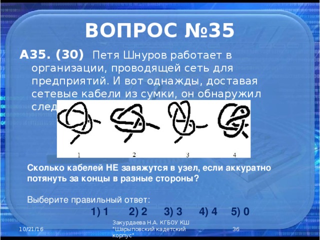 ВОПРОС №35 А35. (30)   Петя Шнуров работает в организации, проводящей сеть для предприятий. И вот однажды, доставая сетевые кабели из сумки, он обнаружил следующую картину: Сколько кабелей НЕ завяжутся в узел, если аккуратно потянуть за концы в разные стороны?   Выберите правильный ответ:        1) 1  2) 2  3) 3  4) 4  5) 0  Закурдаева Н.А. КГБОУ КШ 