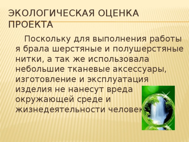Экологическая оценка проекта  Поскольку для выполнения работы я брала шерстяные и полушерстяные нитки, а так же использовала небольшие тканевые аксессуары, изготовление и эксплуатация изделия не нанесут вреда окружающей среде и жизнедеятельности человека 