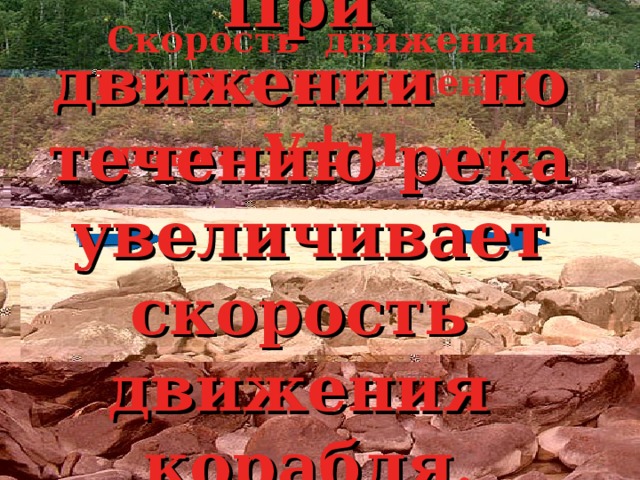 Скорость движения корабля по течению равна v+u  км/ч  При движении по течению река увеличивает скорость движения корабля.