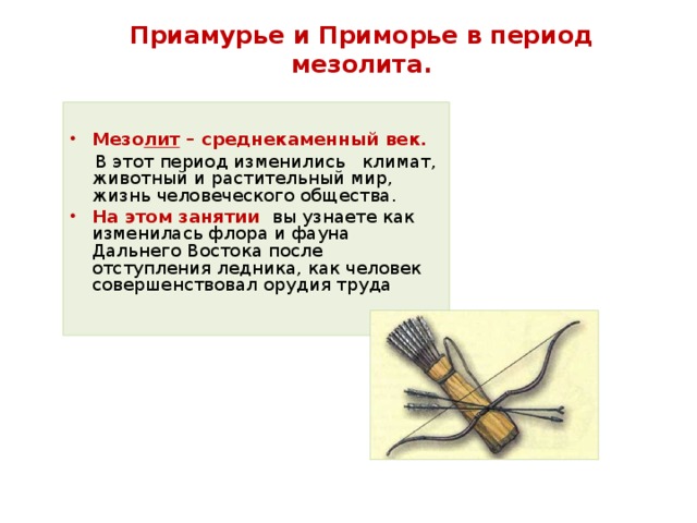 Приамурье и Приморье в период мезолита.  Мезо лит – среднекаменный век.  В этот период изменились климат, животный и растительный мир, жизнь человеческого общества.