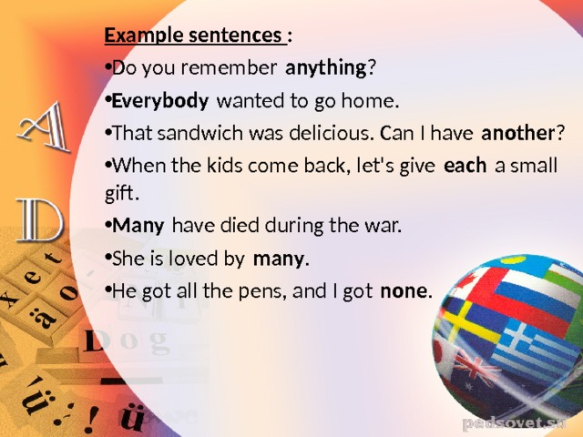Example sentences : Do you remember  anything ? Everybody  wanted to go home. That sandwich was delicious. Can I have  another ? When the kids come back, let's give  each  a small gift. Many  have died during the war. She is loved by  many . He got all the pens, and I got  none . 