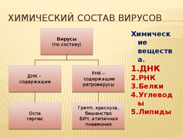 Химический состав вирусов Химические вещества . ДНК РНК Белки Углеводы Липиды Вирусы (по составу) ДНК – РНК – содержащие  содержащие ретровирусы Грипп, краснуха, бешенство Оспа герпес ВИЧ, атипичная пневмония