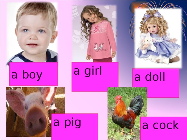 a boy a girl a doll a pig a cock