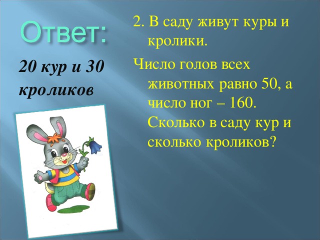 2. В саду живут куры и кролики. Число голов всех животных равно 50, а число ног – 160. Сколько в саду кур и сколько кроликов? 20 кур и 30 кроликов