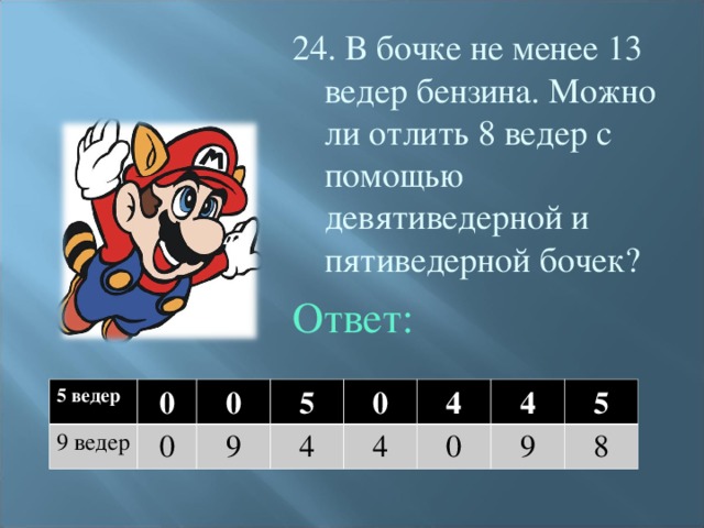 24. В бочке не менее 13 ведер бензина. Можно ли отлить 8 ведер с помощью девятиведерной и пятиведерной бочек? Ответ: 5 ведер 9 ведер 0 0 0 5 9 0 4 4 4 4 0 5 9 8