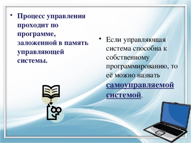 Процесс управления проходит по программе, заложенной в память управляющей системы. Если управляющая система способна к собственному программированию, то её можно назвать самоуправляемой системой . 