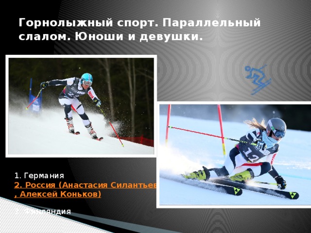 Горнолыжный спорт. Параллельный слалом. Юноши и девушки.    1. Германия  2. Россия (Анастасия Силантьева, Алексей Коньков)  3. Финляндия 