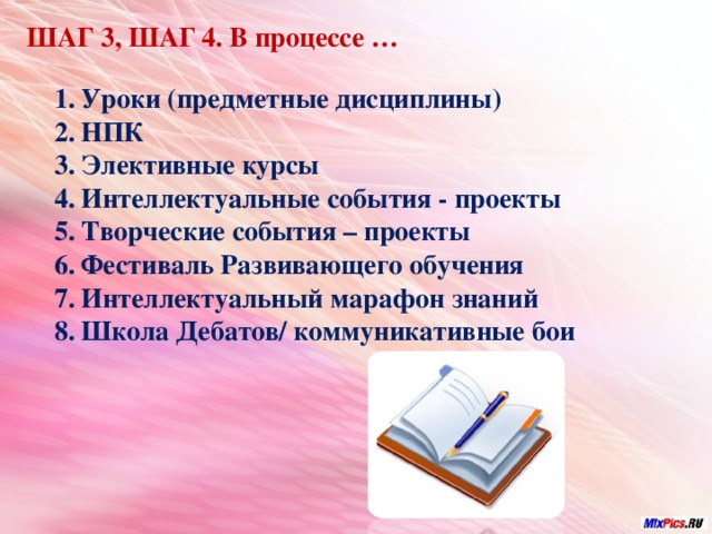 ШАГ 3, ШАГ 4. В процессе …  Уроки (предметные дисциплины) НПК Элективные курсы Интеллектуальные события - проекты Творческие события – проекты Фестиваль Развивающего обучения Интеллектуальный марафон знаний Школа Дебатов/ коммуникативные бои  