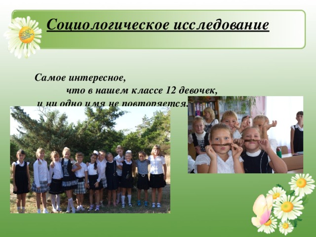 Социологическое исследование     Самое интересное,  что в нашем классе 12 девочек,  и ни одно имя не повторяется.