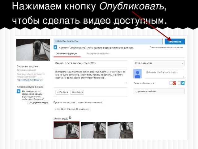 Нажимаем кнопку Опубликовать , чтобы сделать видео доступным .