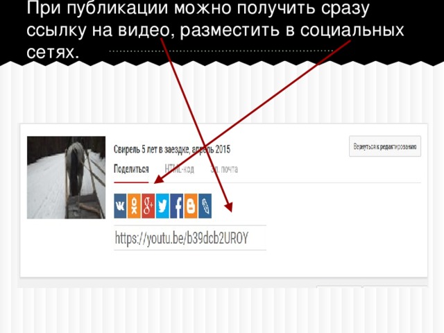 При публикации можно получить сразу ссылку на видео, разместить в социальных сетях.