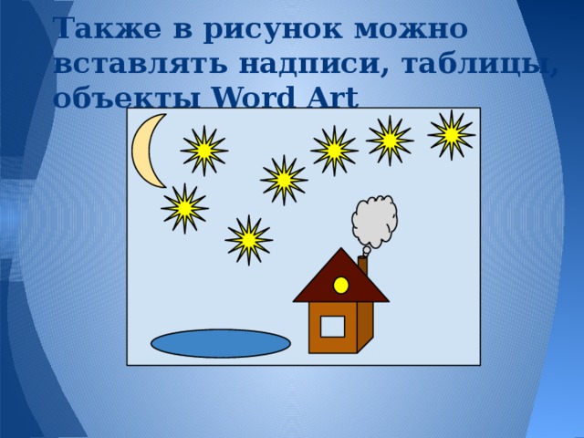Также в рисунок можно вставлять надписи, таблицы, объекты Word Art Мой домик