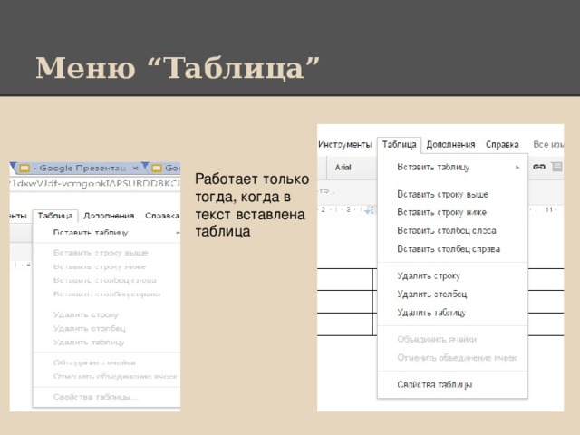 Меню “Таблица” Работает только тогда, когда в текст вставлена таблица
