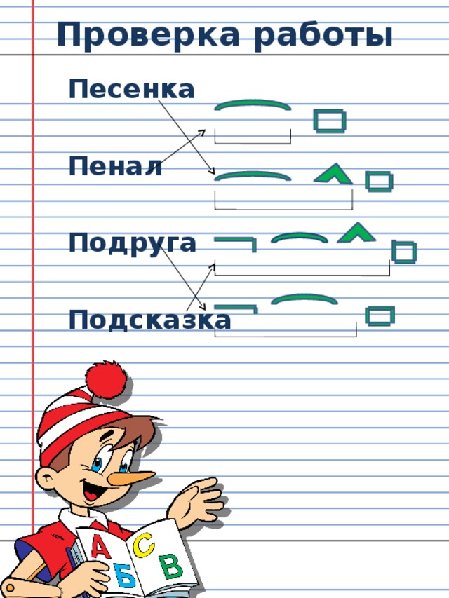 Проверка работы Песенка  Пенал  Подруга  Подсказка  