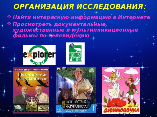 ОРГАНИЗАЦИЯ ИССЛЕДОВАНИЯ :   Найти интересную информацию в Интернете Просмотреть документальные, художественные и мультипликационные фильмы по телевидению
