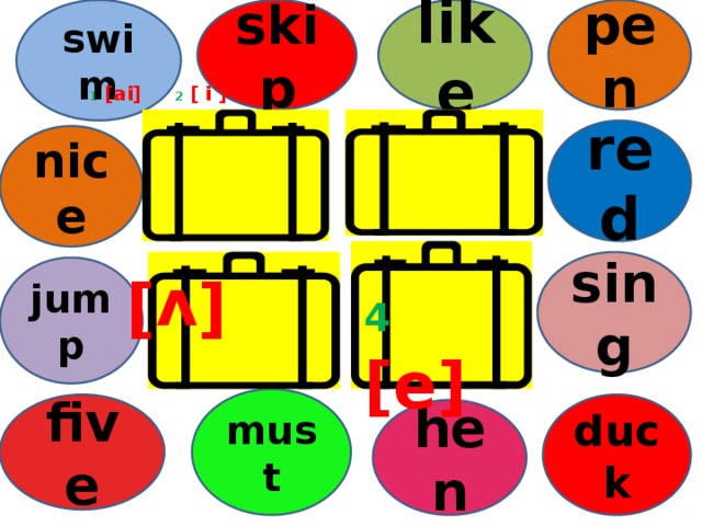 pen skip swim like  [v]      1  [ai]   2  [ i ] red nice sing jump 4  [e] must duck five hen 