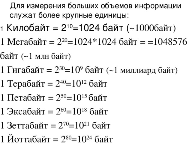 Для измерения больших объемов информации служат более крупные единицы: 1 Килобайт = 2 10 =1024 байт ( ~1000байт) 1 Мегабайт = 2 20 =1024*1024 байт = =1048576 байт (~1 млн байт) 1 Гигабайт = 2 30 =10 9 байт (~1 миллиард байт) 1 Терабайт = 2 40 =10 12 байт 1 Петабайт = 2 50 =10 15 байт 1 Эксабайт = 2 60 =10 18 байт 1 Зеттабайт = 2 70 =10 21 байт 1 Йоттабайт = 2 80 =10 24 байт 