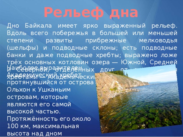 Рельеф дна Дно Байкала имеет ярко выраженный рельеф. Вдоль всего побережья в большей или меньшей степени развиты прибрежные мелководья (шельфы) и подводные склоны; есть подводные банки и даже подводные хребты; выражено ложе трёх основных котловин озера — Южной, Средней и Северной, отделённых друг от друга двумя хребтами — Академическим и Селенгинским. Наиболее выразителен Академический хребет, протянувшийся от острова Ольхон к Ушканьим островам, которые являются его самой высокой частью. Протяжённость его около 100 км, максимальная высота над дном Байкала — 1848 м. 