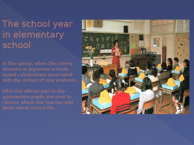 The school year in elementary school   In the spring, when the cherry blossom in Japanese schools spend celebrations associated with the arrival of new students.   After the official part in the gymnasium pupils are sent to classes where the teacher told them about school life. 