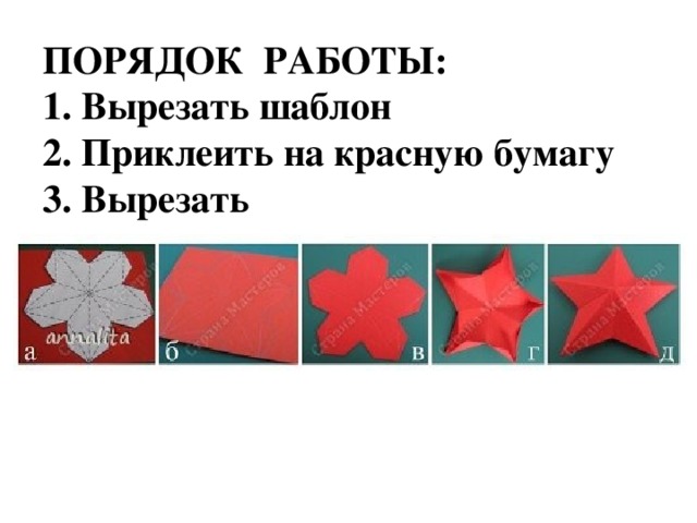 ПОРЯДОК РАБОТЫ:  1. Вырезать шаблон  2. Приклеить на красную бумагу  3. Вырезать 