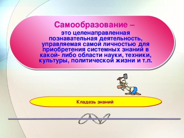 Самообразование – это целенаправленная познавательная деятельность, управляемая самой личностью для приобретения системных знаний в какой- либо области науки, техники, культуры, политической жизни и т.п. Кладезь знаний 
