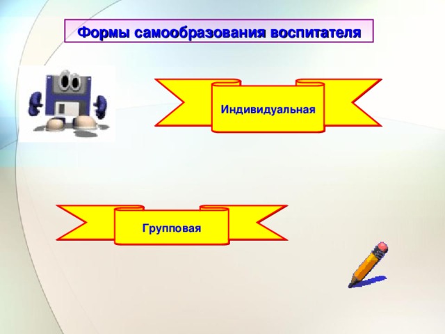 Формы самообразования воспитателя  Индивидуальная   Групповая 