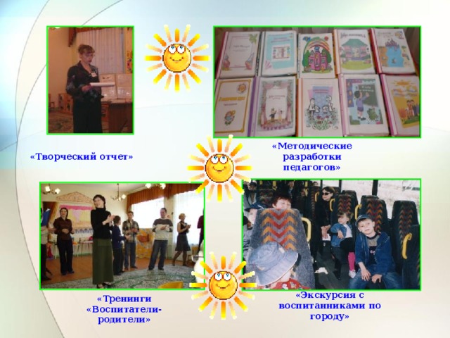 «Творческий отчет» «Методические разработки педагогов» «Экскурсия с воспитанниками по городу» «Тренинги «Воспитатели-родители» 