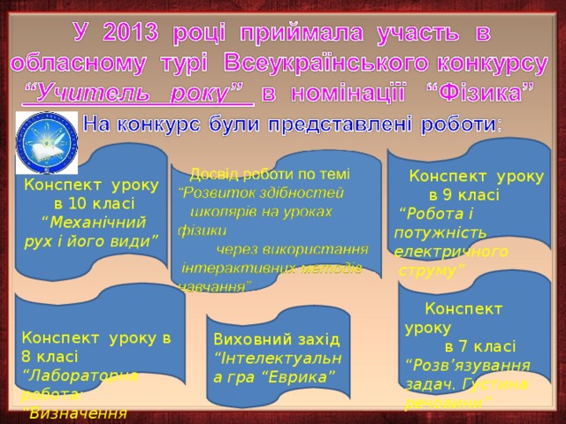  Конспект уроку  в 9 класі “ Робота і потужність електричного  струму” Конспект уроку  в 10 класі “ Механічний рух і його види”  Конспект уроку  в 7 класі “ Розв ’ язування задач. Густина речовини” Конспект уроку в 8 класі “Лабораторна робота: “Визначення питомої теплоємності речовини ” Виховний захід “Інтелектуальна гра “Еврика” 