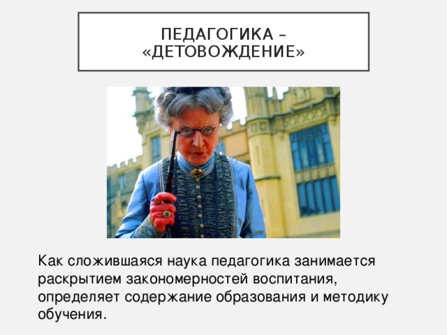 ПЕДАГОГИКА – «ДЕТОВОЖДЕНИЕ» Как сложившаяся наука педагогика занимается раскрытием закономерностей воспитания, определяет содержание образования и методику обучения. 