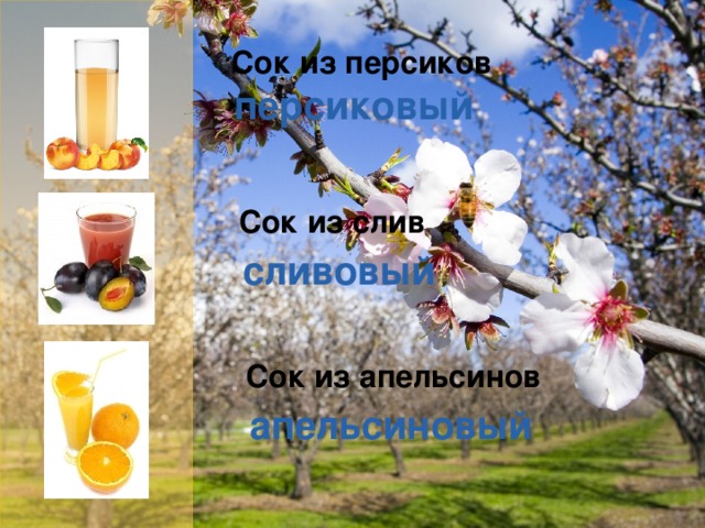 Сок из персиков персиковый Сок из слив сливовый Сок из апельсинов апельсиновый 