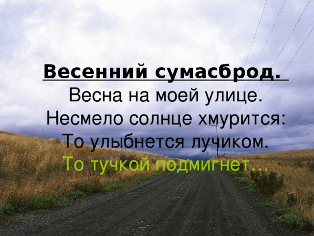 Весенний сумасброд.  Весна на моей улице.  Несмело солнце хмурится:  То улыбнется лучиком.  То тучкой подмигнет…