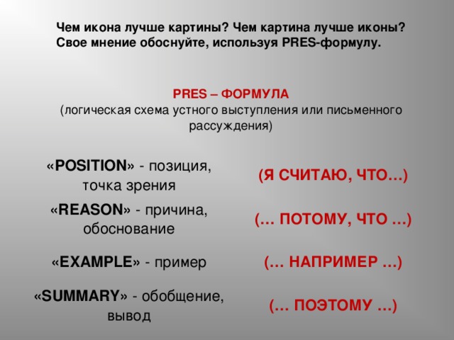 Чем икона лучше картины? Чем картина лучше иконы? Свое мнение обоснуйте, используя PRES-формулу.  PRES – ФОРМУЛА (логическая схема устного выступления или письменного рассуждения) «POSITION» - позиция, точка зрения (Я СЧИТАЮ, ЧТО…) «REASON» - причина, обоснование (… ПОТОМУ, ЧТО …) «EXAMPLE» - пример (… НАПРИМЕР …) «SUMMARY» - обобщение, вывод (… ПОЭТОМУ …) 