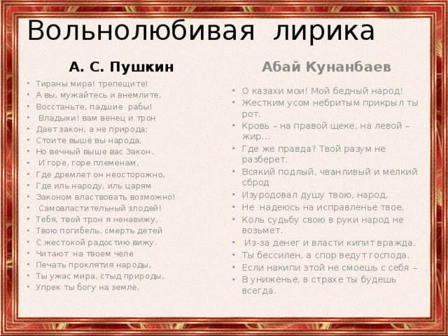 Вольнолюбивая лирика А. С. Пушкин Абай Кунанбаев Тираны мира! трепещите! А вы, мужайтесь и внемлите, Восстаньте, падшие рабы!  Владыки! вам венец и трон Дает закон, а не природа; Стоите выше вы народа, Но вечный выше вас Закон.  И горе, горе племенам, Где дремлет он неосторожно, Где иль народу, иль царям Законом властвовать возможно!  Самовластительный злодей! Тебя, твой трон я ненавижу, Твою погибель, смерть детей С жестокой радостию вижу. Читают на твоем челе Печать проклятия народы, Ты ужас мира, стыд природы, Упрек ты богу на земле. О казахи мои! Мой бедный народ! Жестким усом небритым прикрыл ты рот. Кровь – на правой щеке, на левой – жир… Где же правда? Твой разум не разберет. Всякий подлый, чванливый и мелкий сброд Изуродовал душу твою, народ, Не  надеюсь на исправленье твое, Коль судьбу свою в руки народ не возьмет.   Из-за денег и власти кипит вражда. Ты бессилен, а спор ведут господа. Если накипи этой не смоешь с себя – В униженье, в страхе ты будешь всегда. 