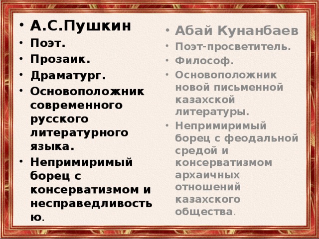 А.С.Пушкин Поэт. Прозаик. Драматург. Основоположник современного русского литературного языка. Непримиримый борец с консерватизмом и несправедливостью . Абай Кунанбаев Поэт-просветитель. Философ. Основоположник новой письменной казахской литературы. Непримиримый борец с феодальной средой и консерватизмом архаичных отношений казахского общества . 