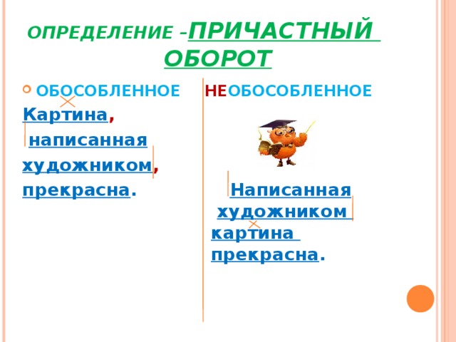 ОПРЕДЕЛЕНИЕ – ПРИЧАСТНЫЙ     ОБОРОТ ОБОСОБЛЕННОЕ  НЕ ОБОСОБЛЕННОЕ Картина ,  написанная художником ,  прекрасна . Написанная       художником      картина       прекрасна .       